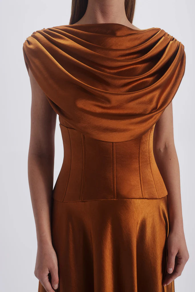 AMSALE COWL CORSET DRESS IN COPPER