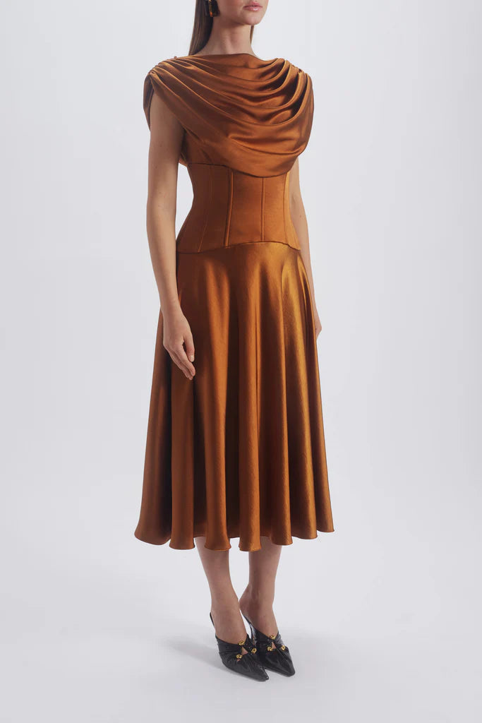 AMSALE COWL CORSET DRESS IN COPPER