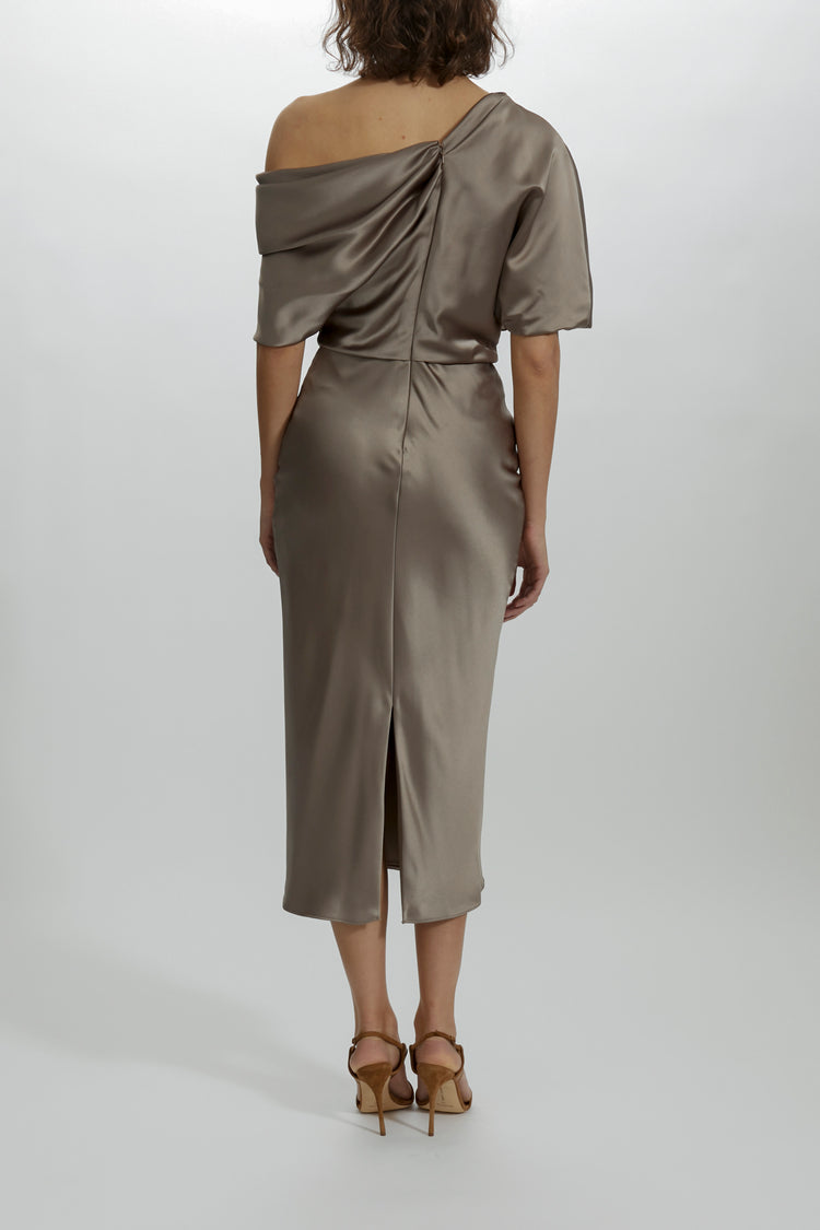 AMSALE ONE SHOULDER SLOUCH MIDI DRESS. Available in two colours - Gold and Champagne