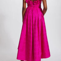 AMSALE MOIRE BIAS INVERTED RUFFLE DRESS IN FUCHSIA