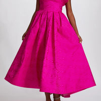 AMSALE MOIRE BIAS INVERTED RUFFLE DRESS IN FUCHSIA