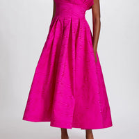 AMSALE MOIRE BIAS INVERTED RUFFLE DRESS IN FUCHSIA