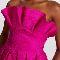 AMSALE MOIRE BIAS INVERTED RUFFLE DRESS IN FUCHSIA