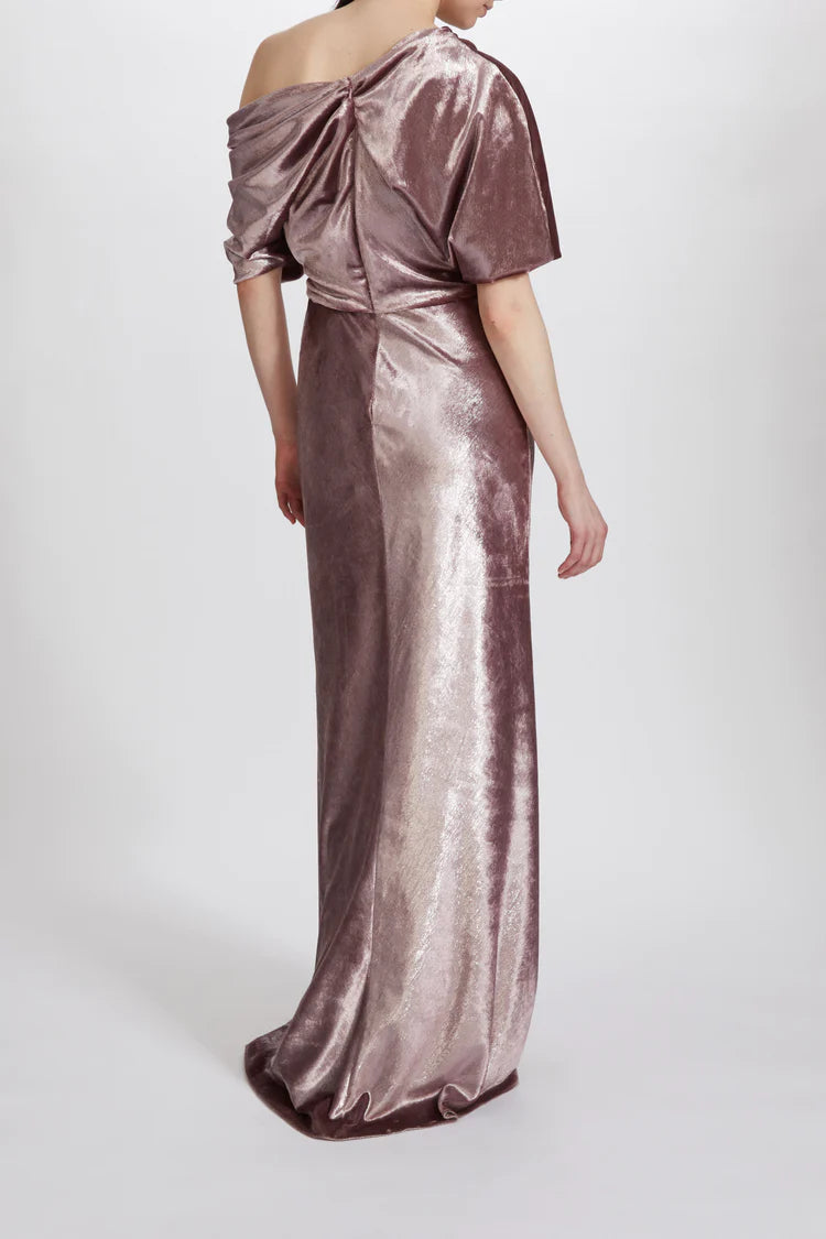 AMSALE METALLIC LAME VELVET DRAPED SLOUCH GOWN. Available in two colours - Mauve and Navy