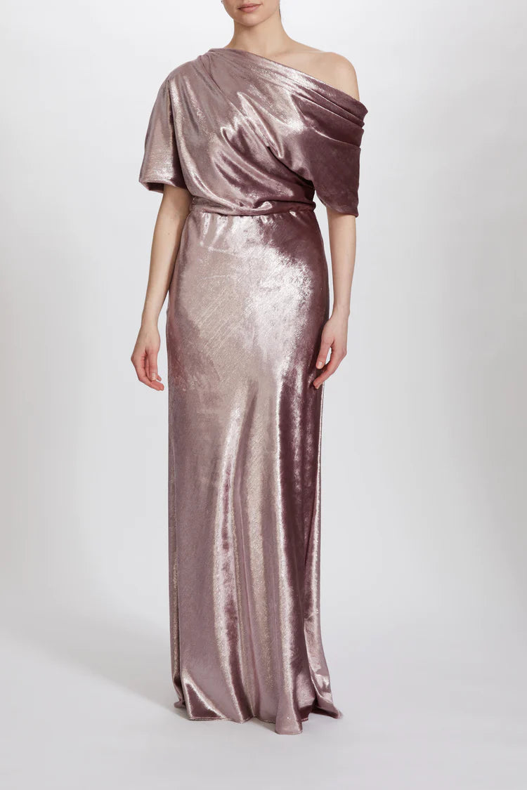 AMSALE METALLIC LAME VELVET DRAPED SLOUCH GOWN. Available in two colours - Mauve and Navy