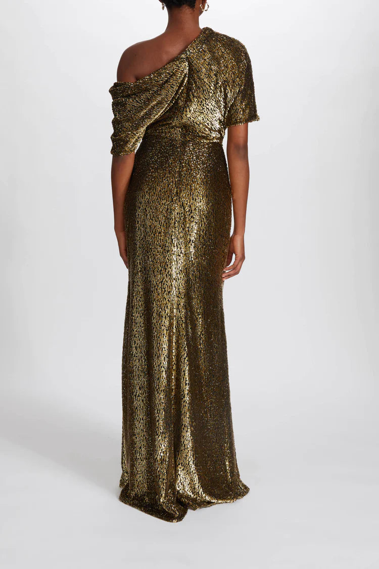 AMSALE GOLD/BLACK LAME DRAPED SLOUCH GOWN