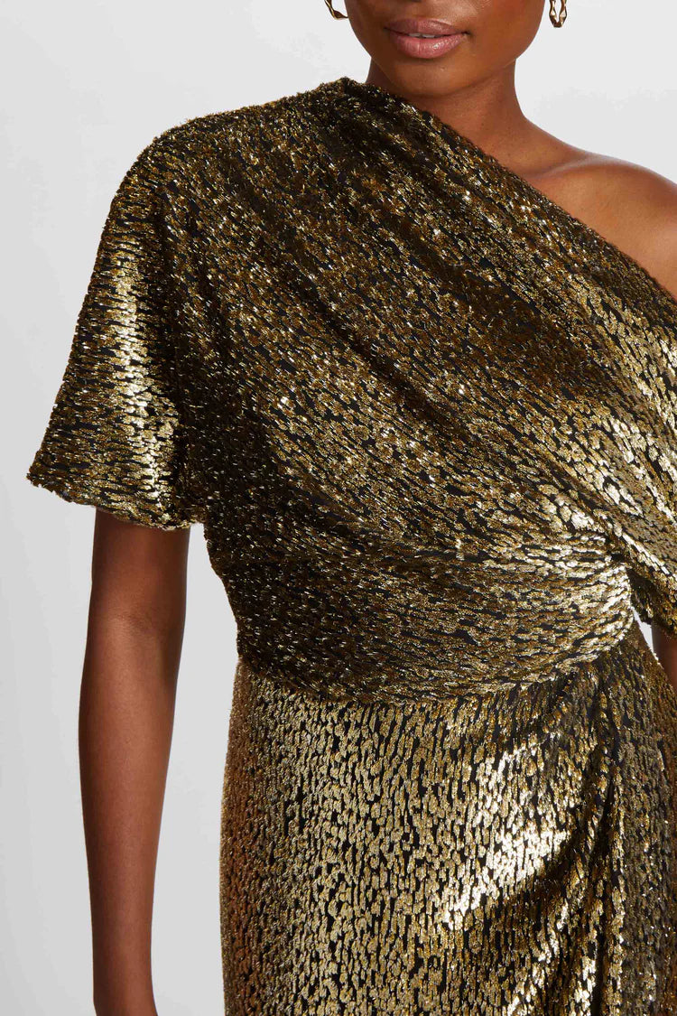 AMSALE GOLD/BLACK LAME DRAPED SLOUCH GOWN