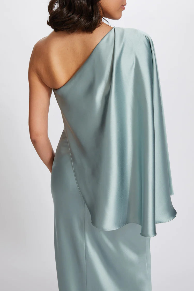 AMSALE FLUID STAIN ONE SHOULDER GOWN. Available in two colours - Rose Quartz and French Blue