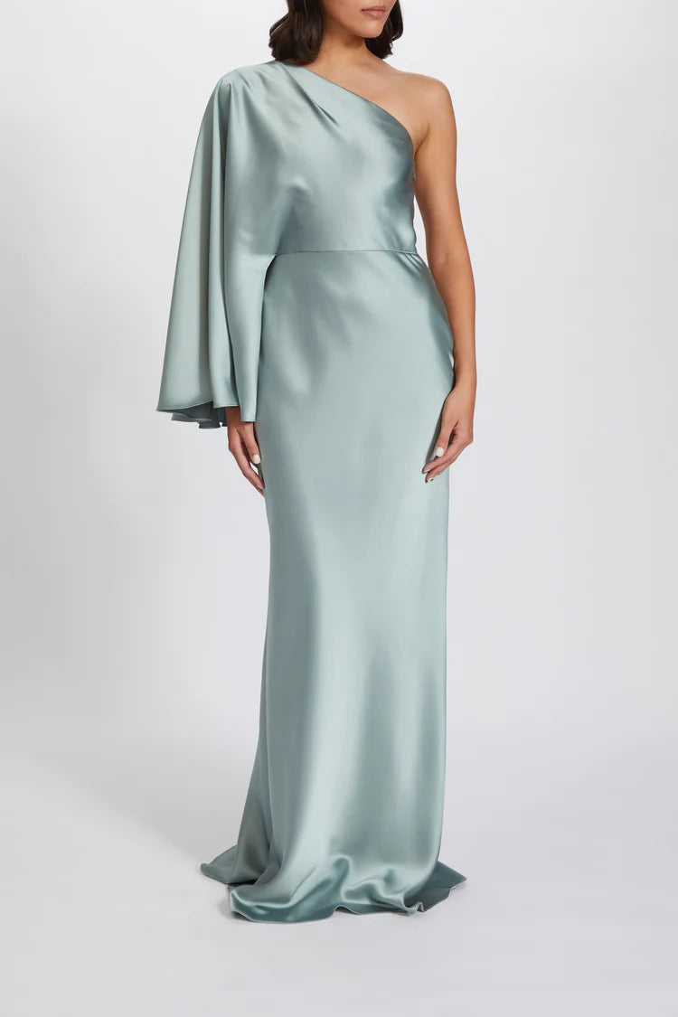 AMSALE FLUID STAIN ONE SHOULDER GOWN. Available in two colours - Rose Quartz and French Blue