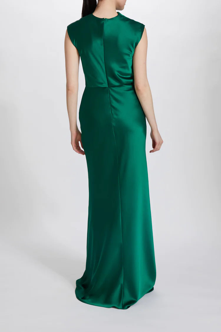 AMSALE SATIN FLUID COWL NECK GOWN. Available in two colours - Emerald Green and Mocha. .