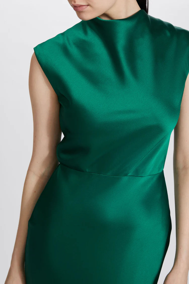 AMSALE SATIN FLUID COWL NECK GOWN. Available in two colours - Emerald Green and Mocha. .