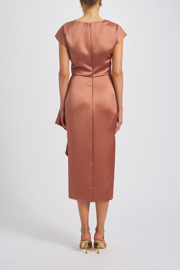 AMSALE FLUID SATIN HIGH COWL DRESS IN SIENNA