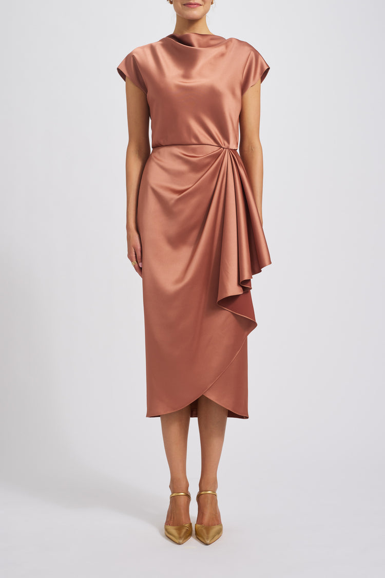 AMSALE FLUID SATIN HIGH COWL DRESS IN SIENNA