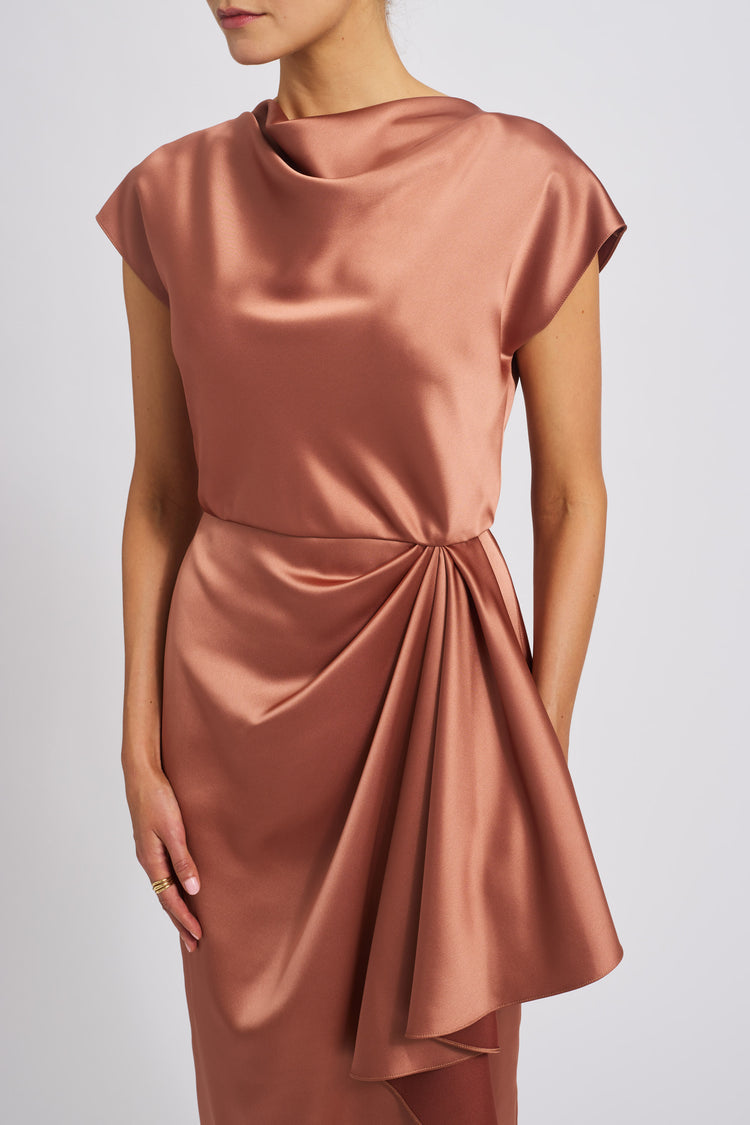 AMSALE FLUID SATIN HIGH COWL DRESS IN SIENNA