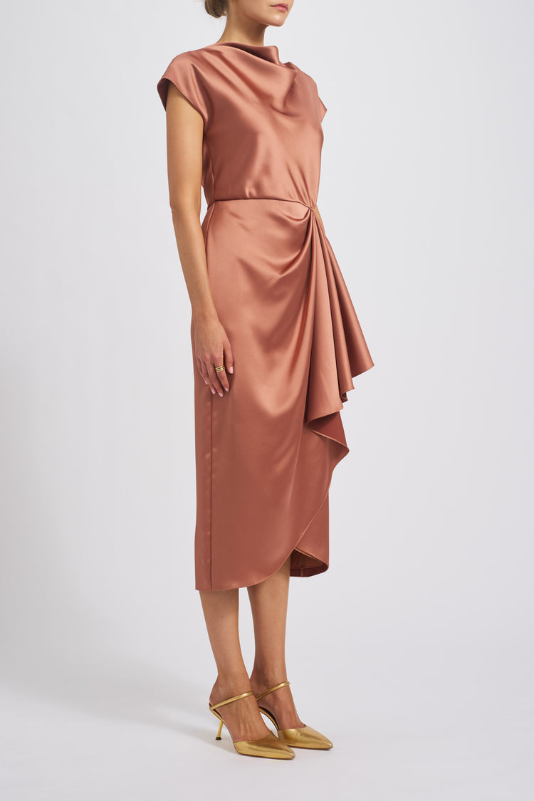 AMSALE FLUID SATIN HIGH COWL DRESS IN SIENNA
