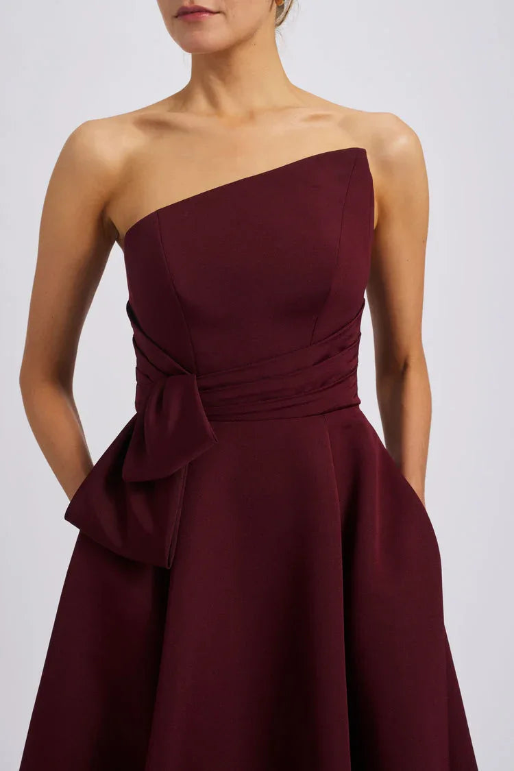 AMSALE FAILLE GOWN WITH ASYMMETRIC BODICE IN RUBY – Emporium Kalu