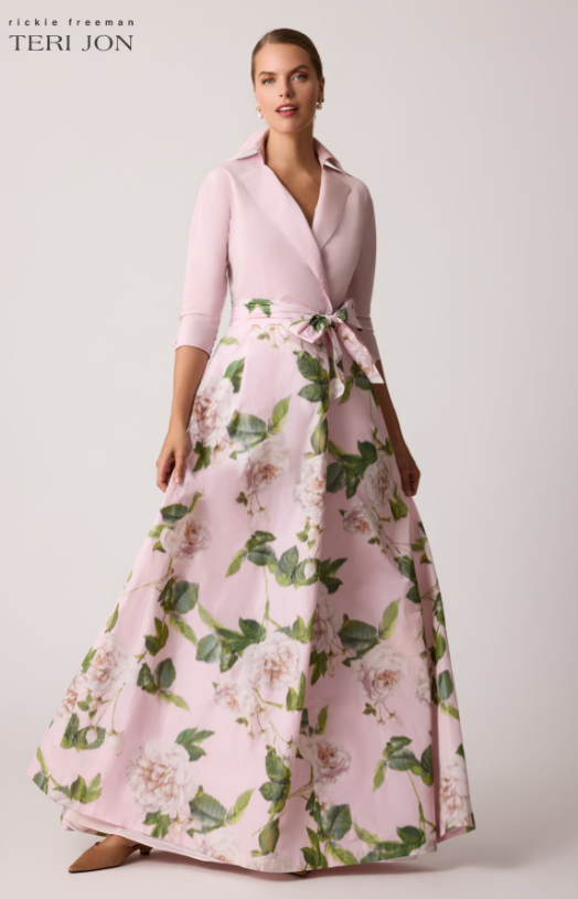 TERI JON TAFFETA FLORAL PRINT SHIRT DRESS