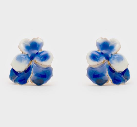 CECILE BOCCARA SMALL DOUBLE FLOWER EARRINGS IN BLUE/WHITE