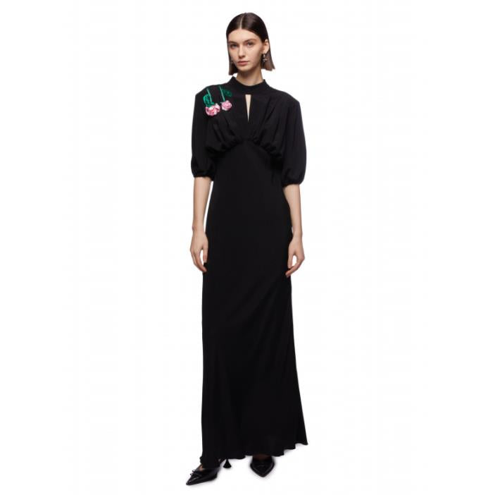 VIVETTA LONG BLACK DRESS WITH PINK ROSES