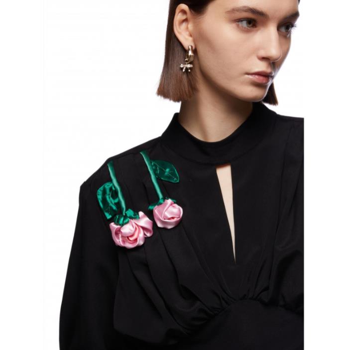 VIVETTA LONG BLACK DRESS WITH PINK ROSES