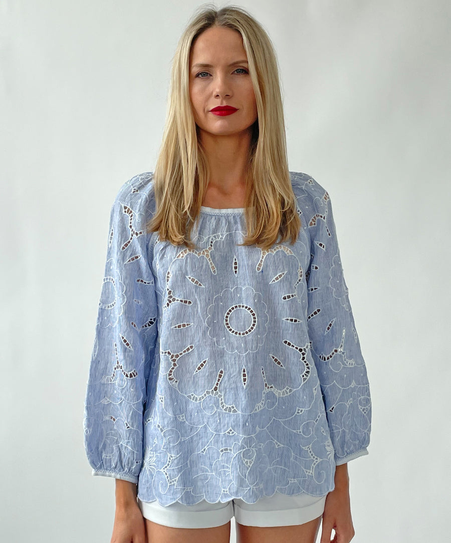 ROSE AND ROSE BARI TOP IN LIGHT BLUE/WHITE STRIPES WITH WHITE EMBROIDERY DETAIL