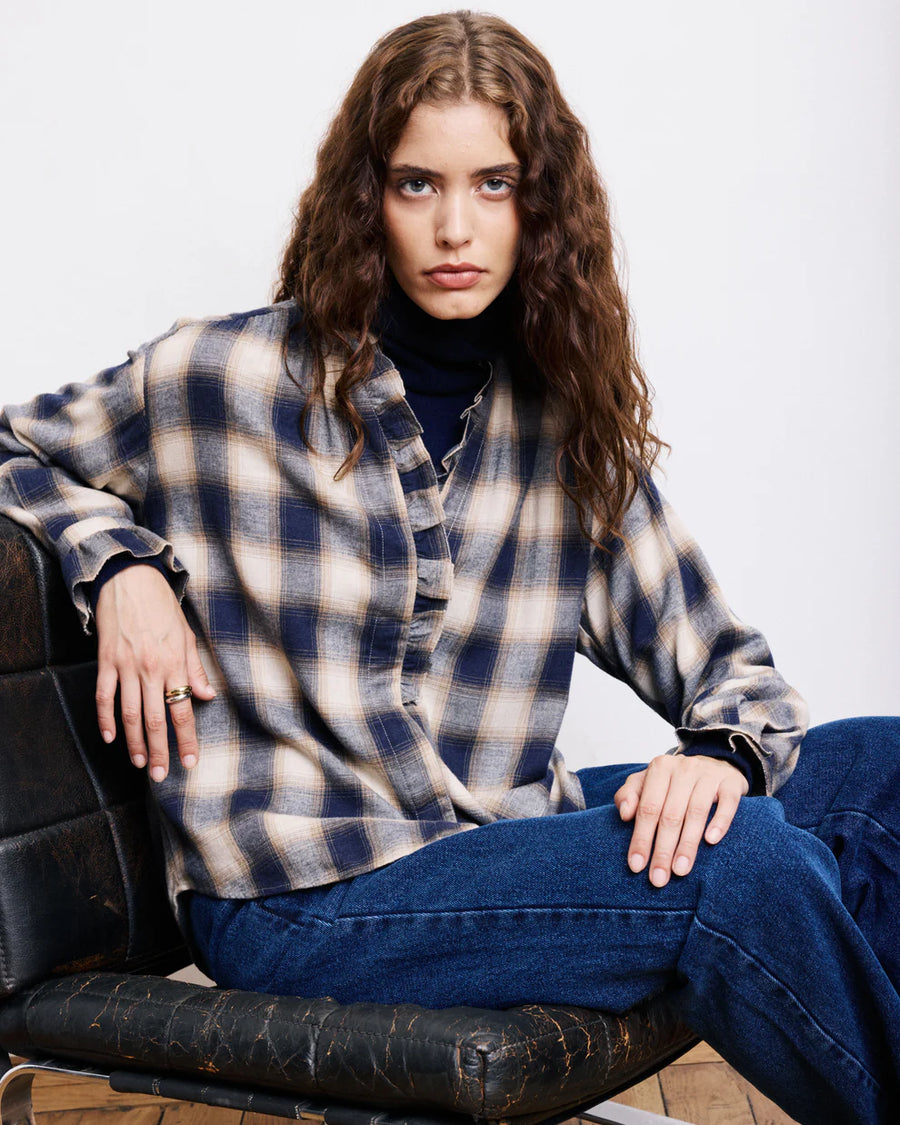 HARTFORD CARMELA SHIRT IN BEIGE & BLUE CHECK