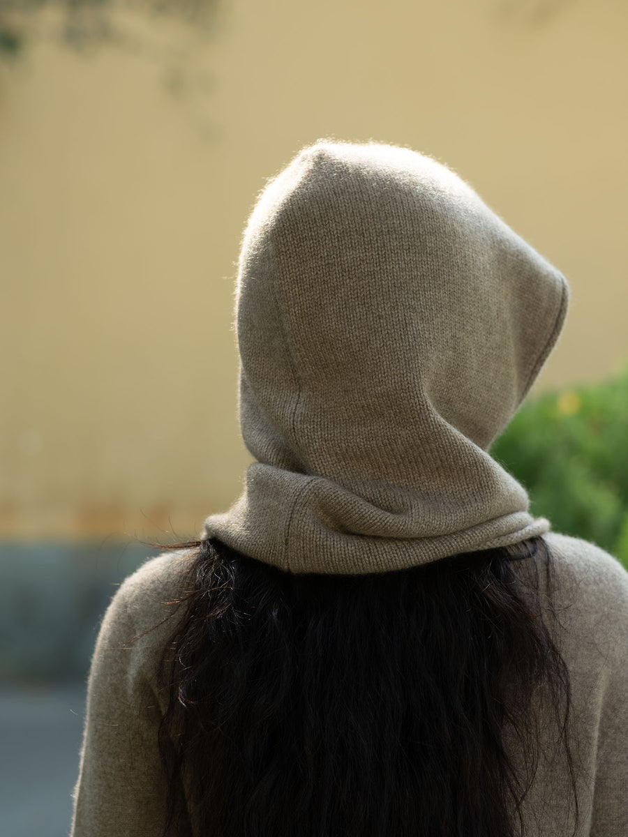 OATS & RICE CASHMERE ROLLED EDGE BALACLAVA IN TAUPE