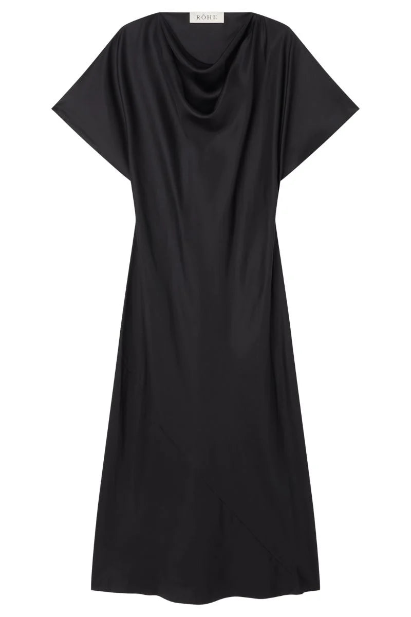 ROHE FLUID DRAPED SILK DRESS IN BLACK