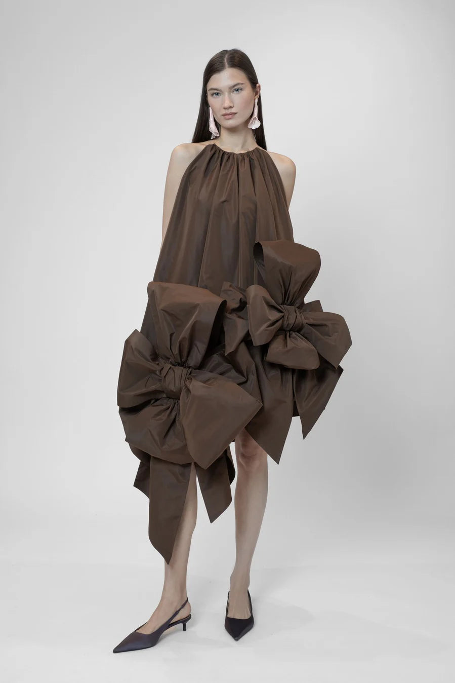 THE 2ND SKIN BROWN MINI SLEEVELESS TAFFETA DRESS WITH BOWS