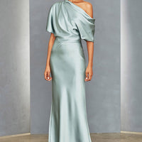 AMSALE ONE SHOULDER SLOUGH DRESS. Colours available - Lipstick. Champagne, Emerald