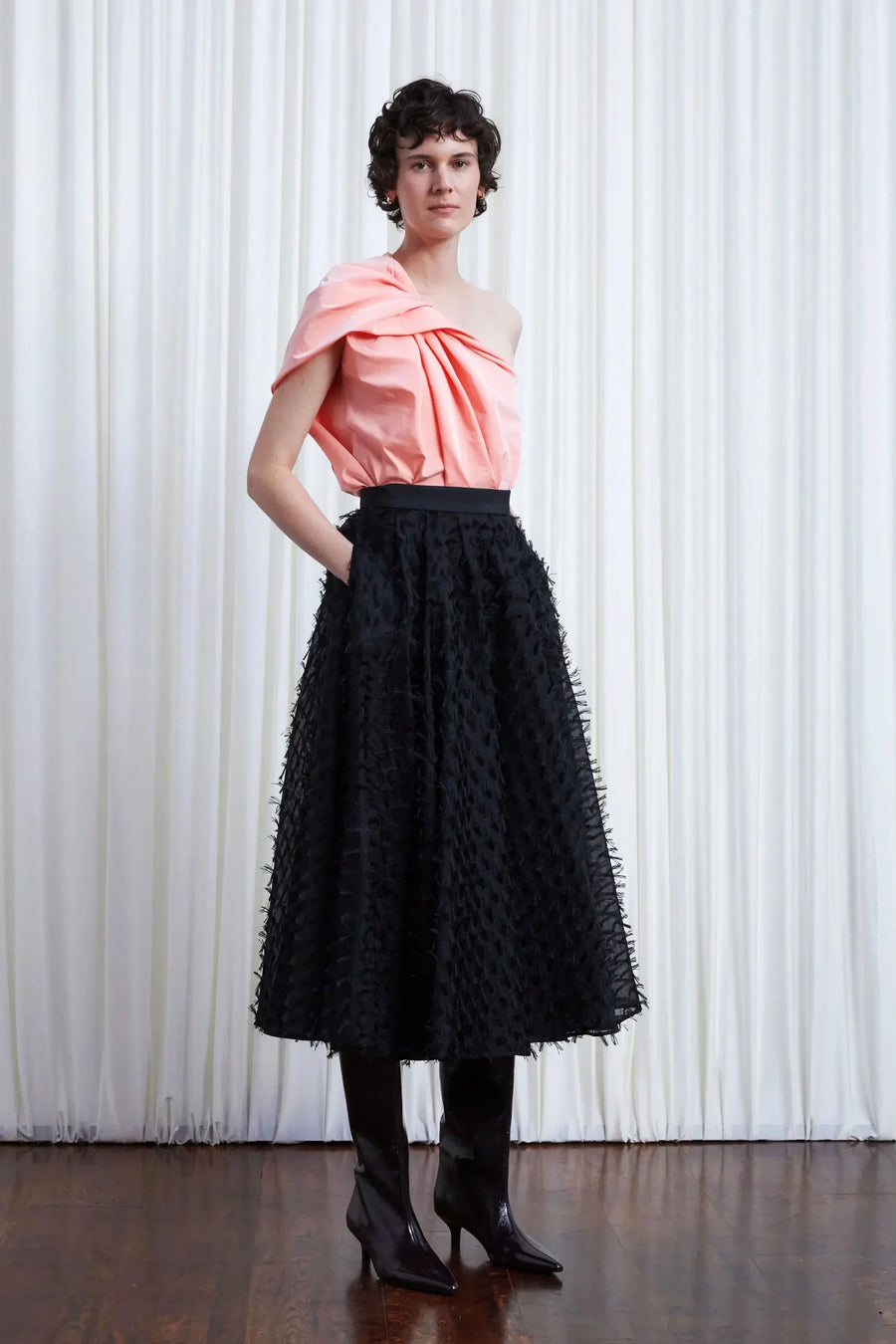 PALMER HARDING GENTLE COLLIDE SKIRT IN BLACK ORGANZA FRINGE