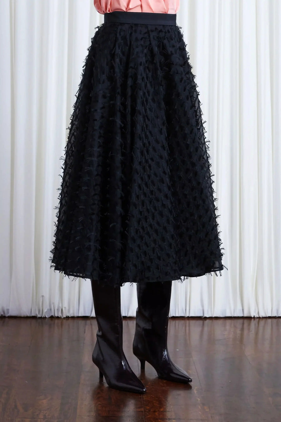 PALMER HARDING GENTLE COLLIDE SKIRT IN BLACK ORGANZA FRINGE