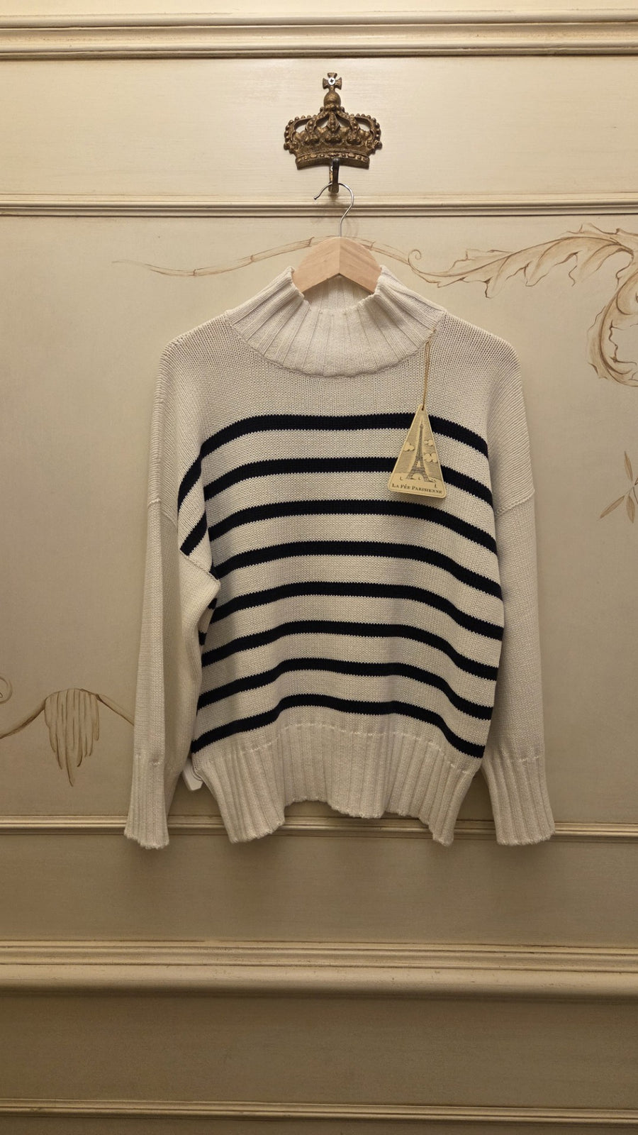 LA FEE PARISIENNE CHUNKY KNIT WITH HIGH NECK OFF IN WHITE/BLACK STRIPE