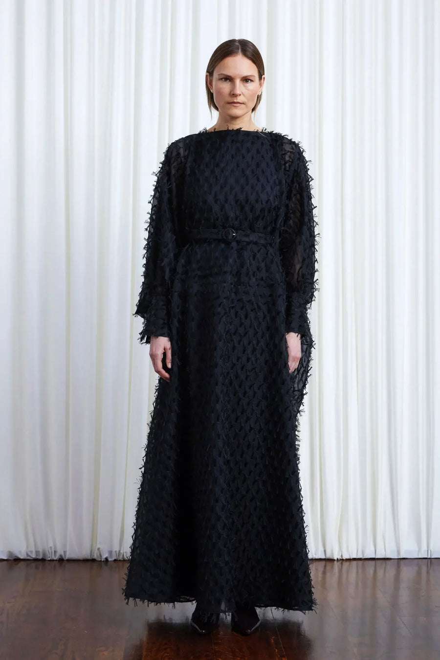 PALMER HARDING COMFORT FOUND GOWN IN BLACK ORGANZA FRINGE