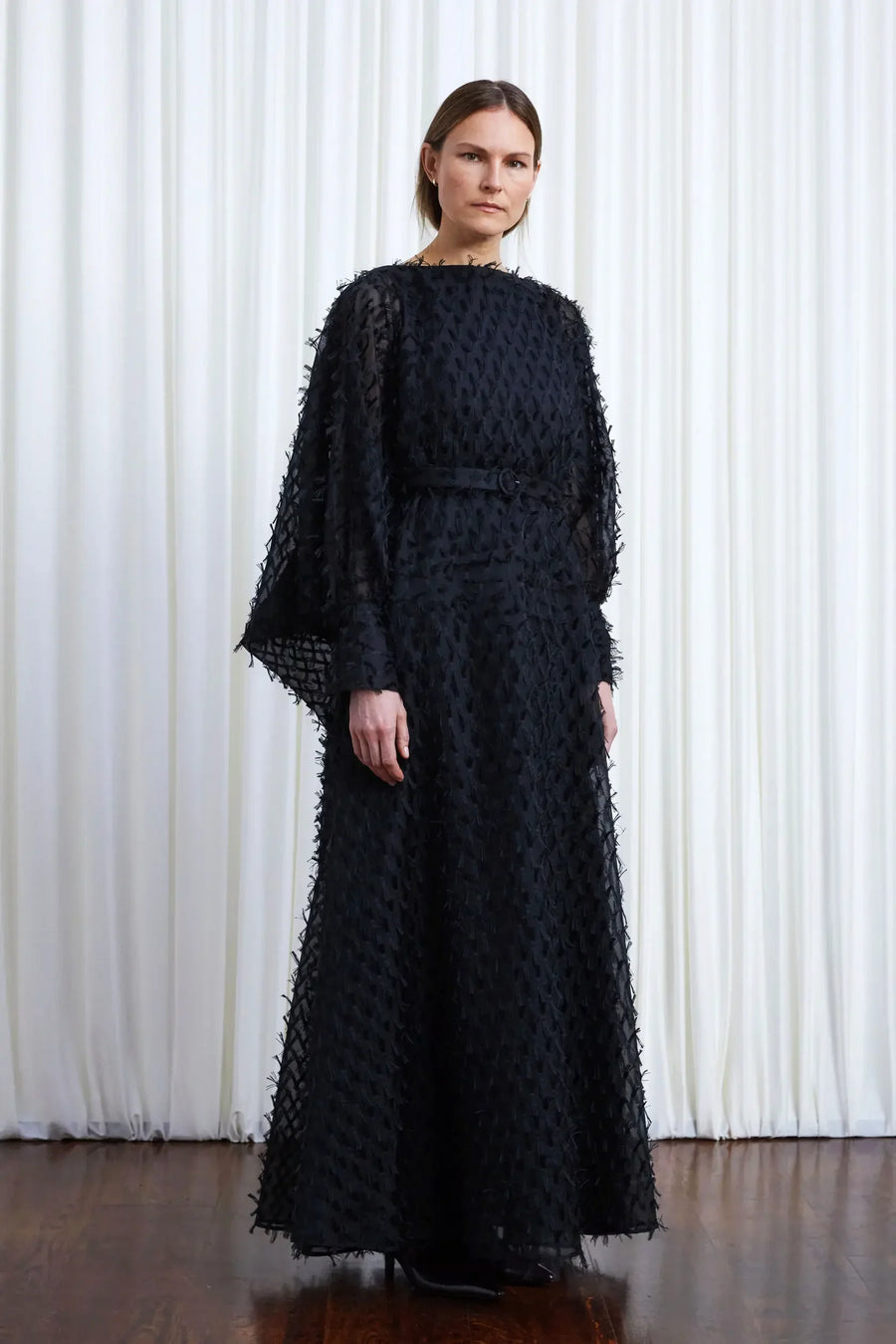 PALMER HARDING COMFORT FOUND GOWN IN BLACK ORGANZA FRINGE