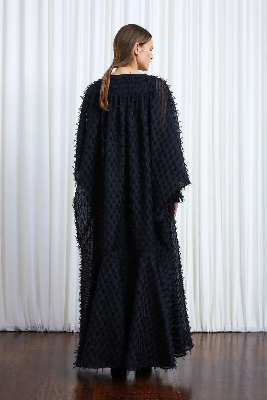 PALMER HARDING COMFORT FOUND GOWN IN BLACK ORGANZA FRINGE