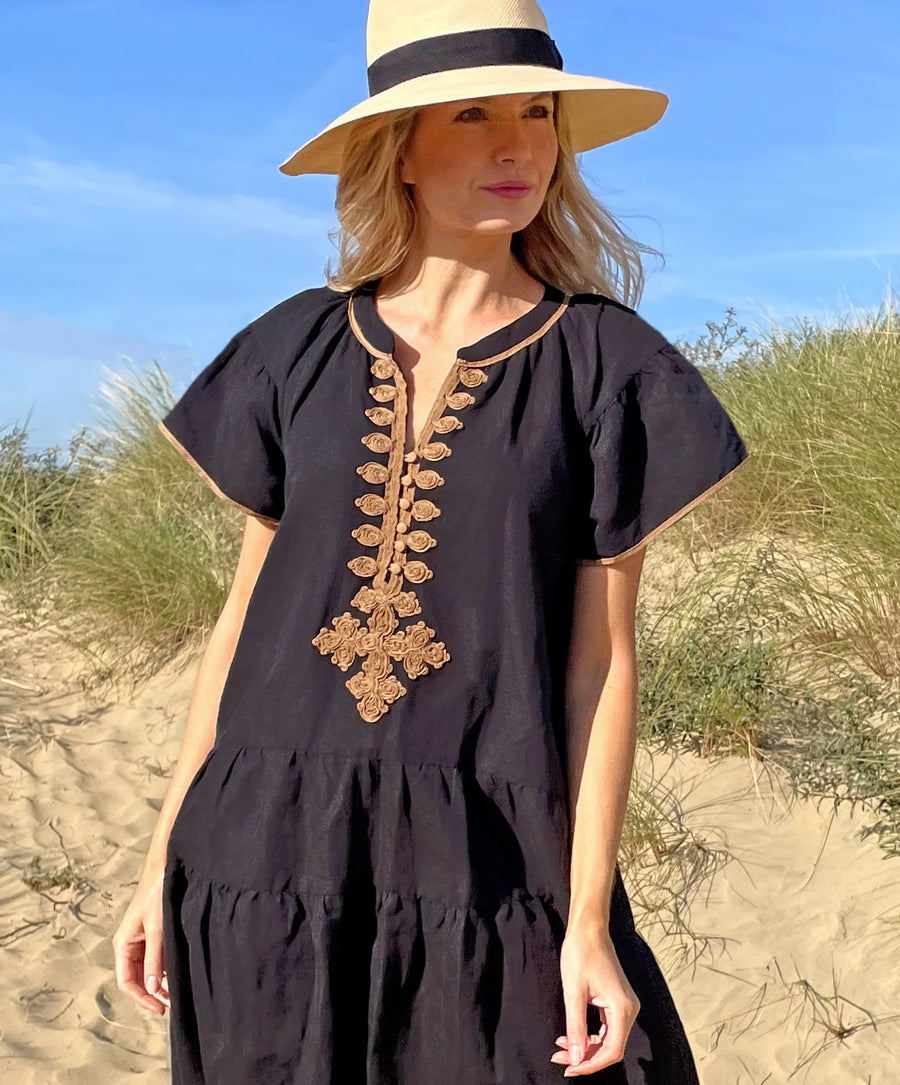 ROSE AND ROSE ISCHIA DRESS IN BLACK WITH TOBACCO EMBRIODERY DETAIL