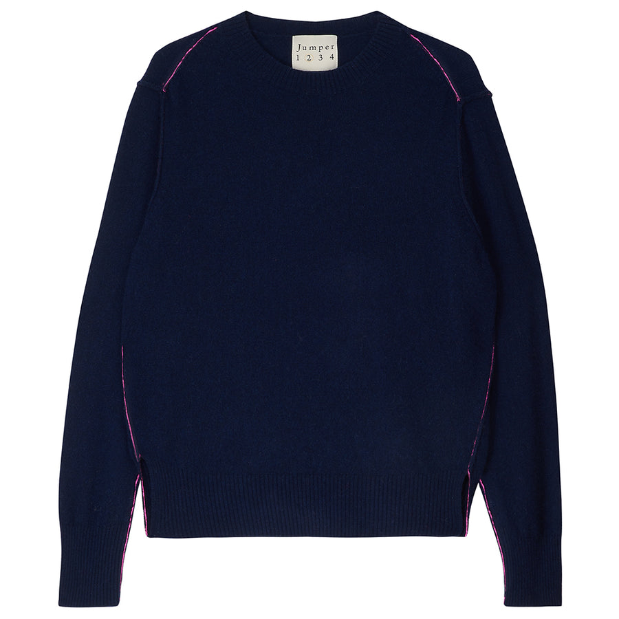 JUMPER 1234 CASHMERE NAVY CREW NECK KNIT WITH PINK PIPING DETAIL