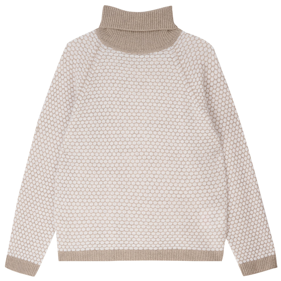 JUMPER 1234 HONEYCOMB CASHMERE VNECK IN LIGHT BROWN AND CREAM
