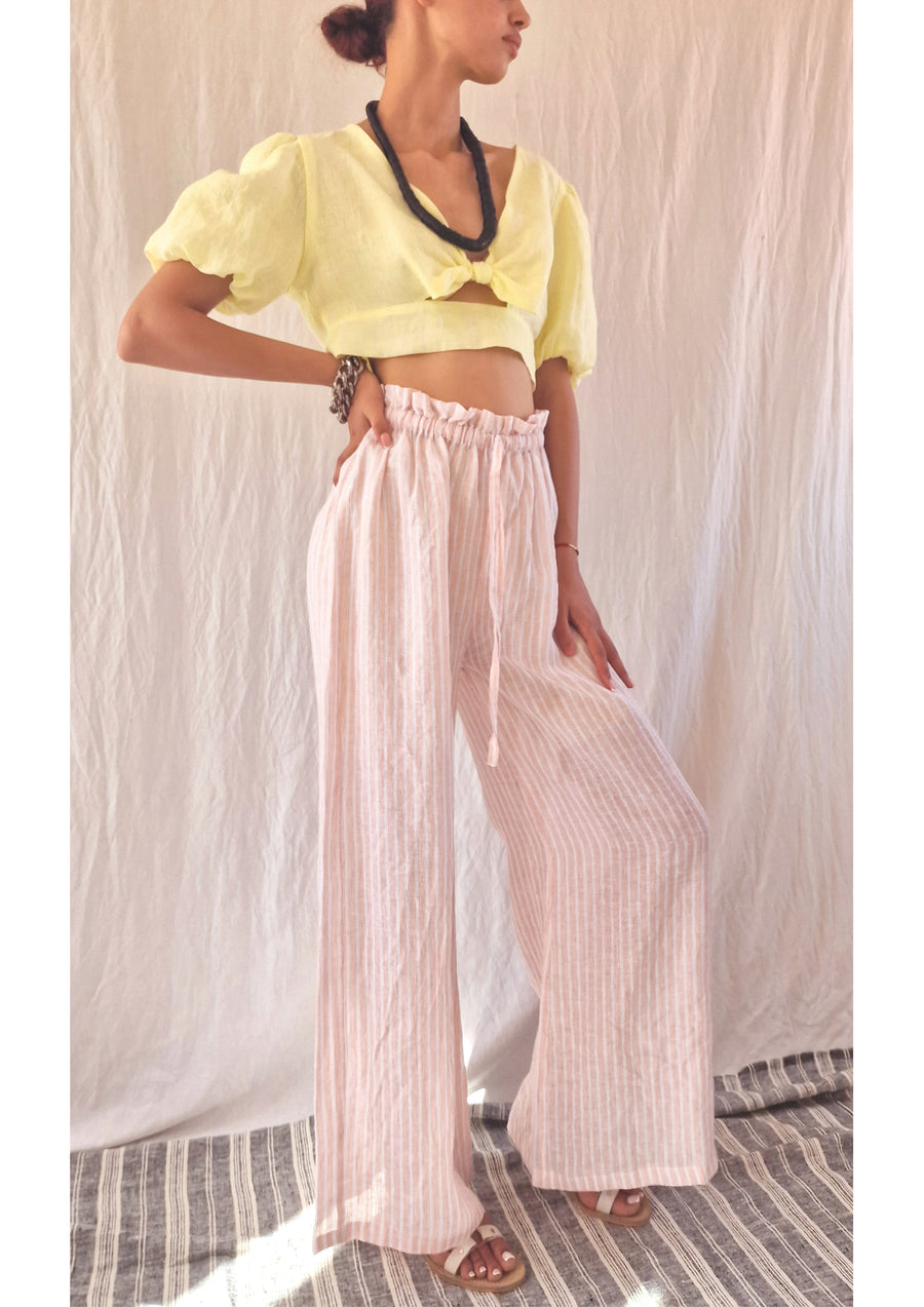CLARAMONTE BISCUIT/WHITE STRIPED LINEN PANTS