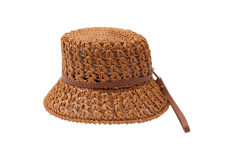 CATARZI TAN CROCHET HAT WITH LEATHER STRAP