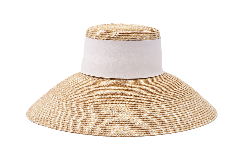 CATARZI NATURAL STRAW WIDE FEDORA WITH WHITE LEATHER BAND