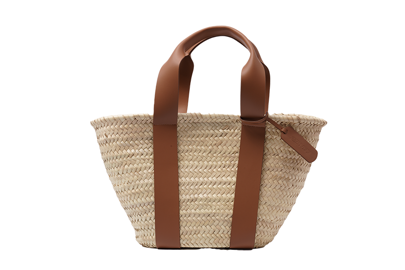 CATARZI LARGE BASKET IN PALMA WITH LARGE TAN SHOULDER HANDLES AND LEATHER DETAILS