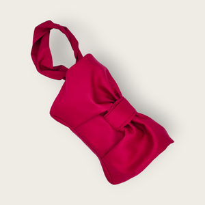 AUGUST NIGHT BOW CLUTCH IN FUSCHIA SATIN