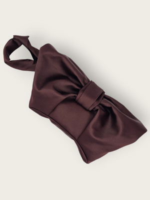 AUGUST NIGHT BOW CLUTCH IN BITTER CHOCOLATE SATIN