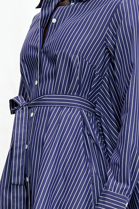 PALMER HARDING PROSPERITY DRESS IN NAVY COTTON PENCIL STRIPE