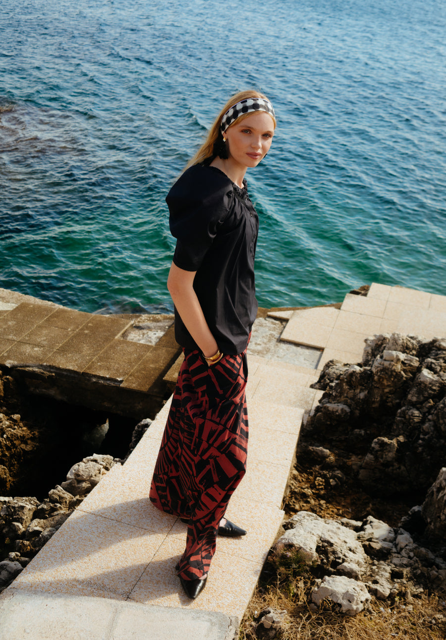 MOON + MELLOW RESORT WIDE LEG TROUSERS - BAMBOO RUST ON BLACK