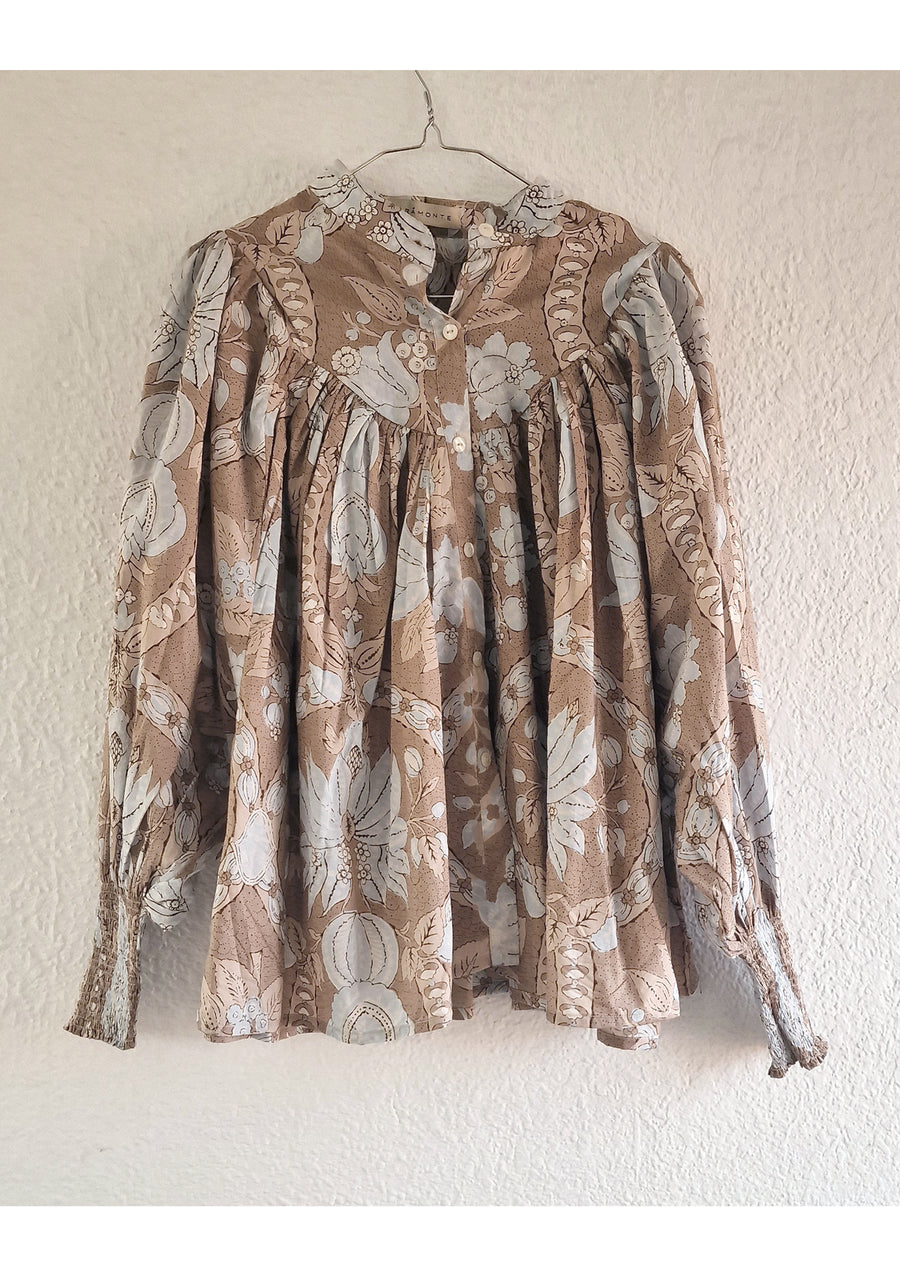 CLARAMONTE SMOCKED SHIRT BEIGE WITH FLORAL DESIGN