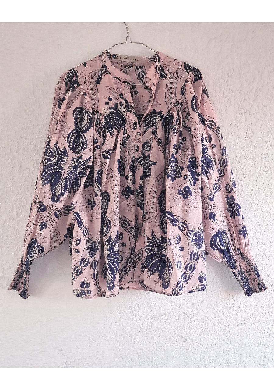 CLARAMONTE SMOCKED SHIRT IN PINK WITH NAVY FLORAL DESIGN