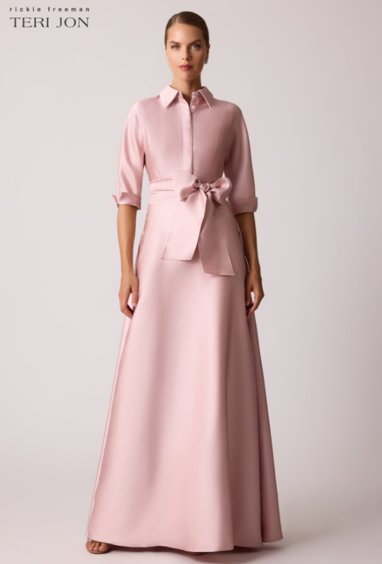 TERI JON MIKADO SHIRT DROP WAIST GOWN IN BLUSH PINK